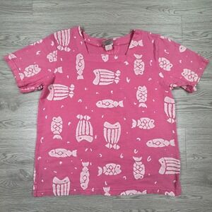 Cotton Connection Women's T-Shirt Vintage Fish Print Pink Medium Square Neck USA